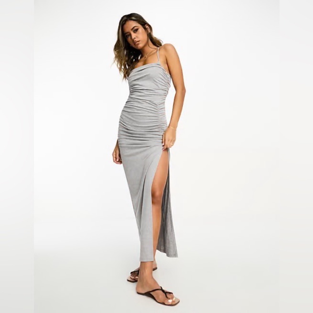 NWOT! ASOS Design Gray Ruched Side Thigh Slit Strappy Cross Back Dress (Size 2)